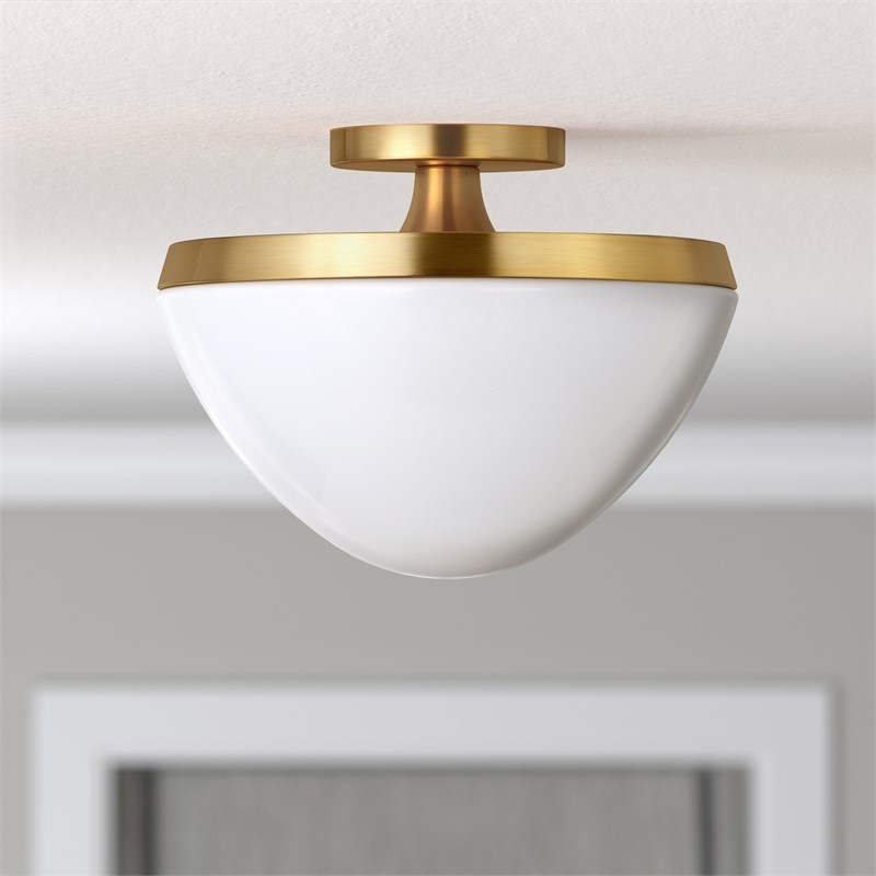 Henn&Hart Industrial Semi Flush Mount Ceiling Light with White Milk Glass Shade in Brass,SF0807 